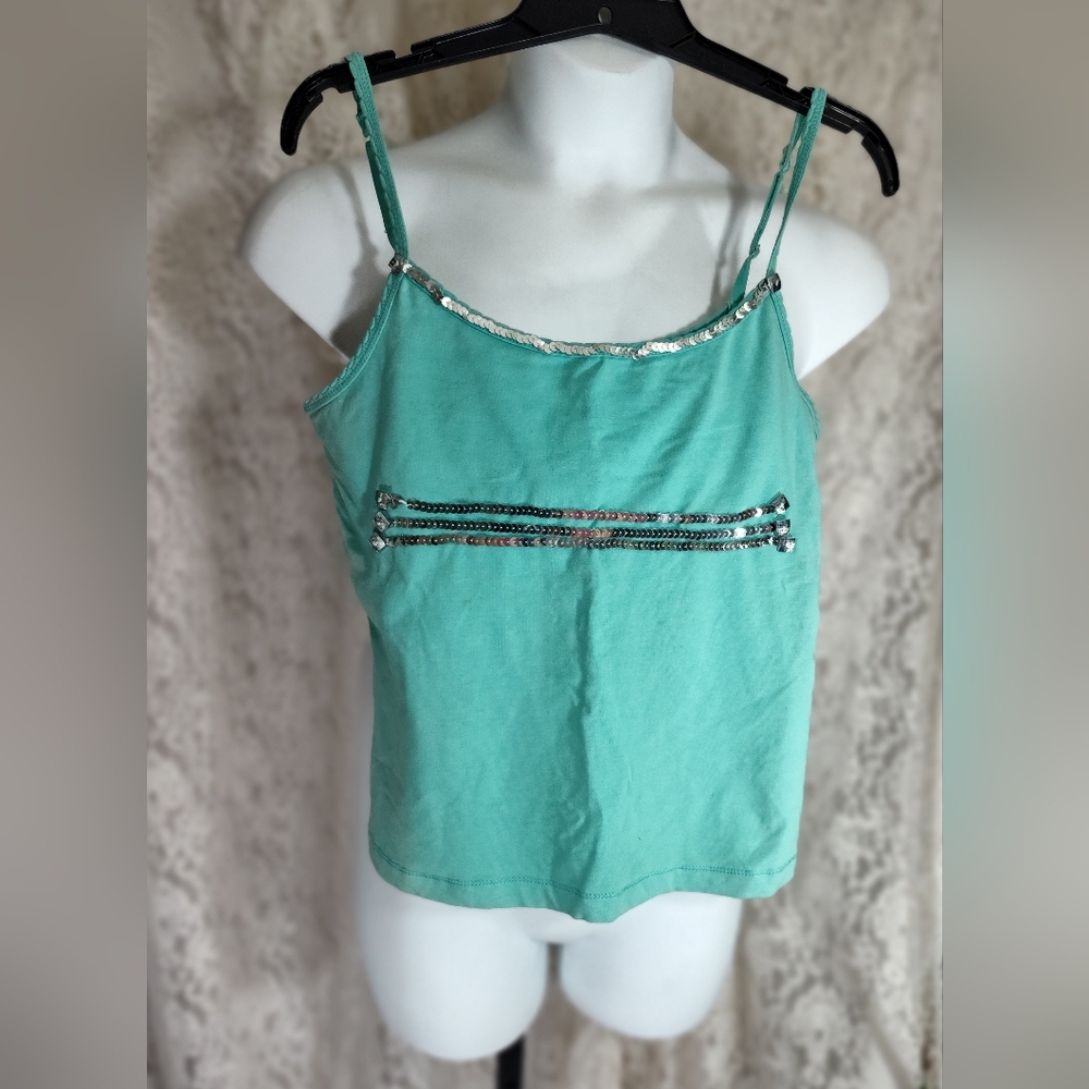 Vintage Route 66 Knit Camisole Aqua Green Silver Sequins Size L
